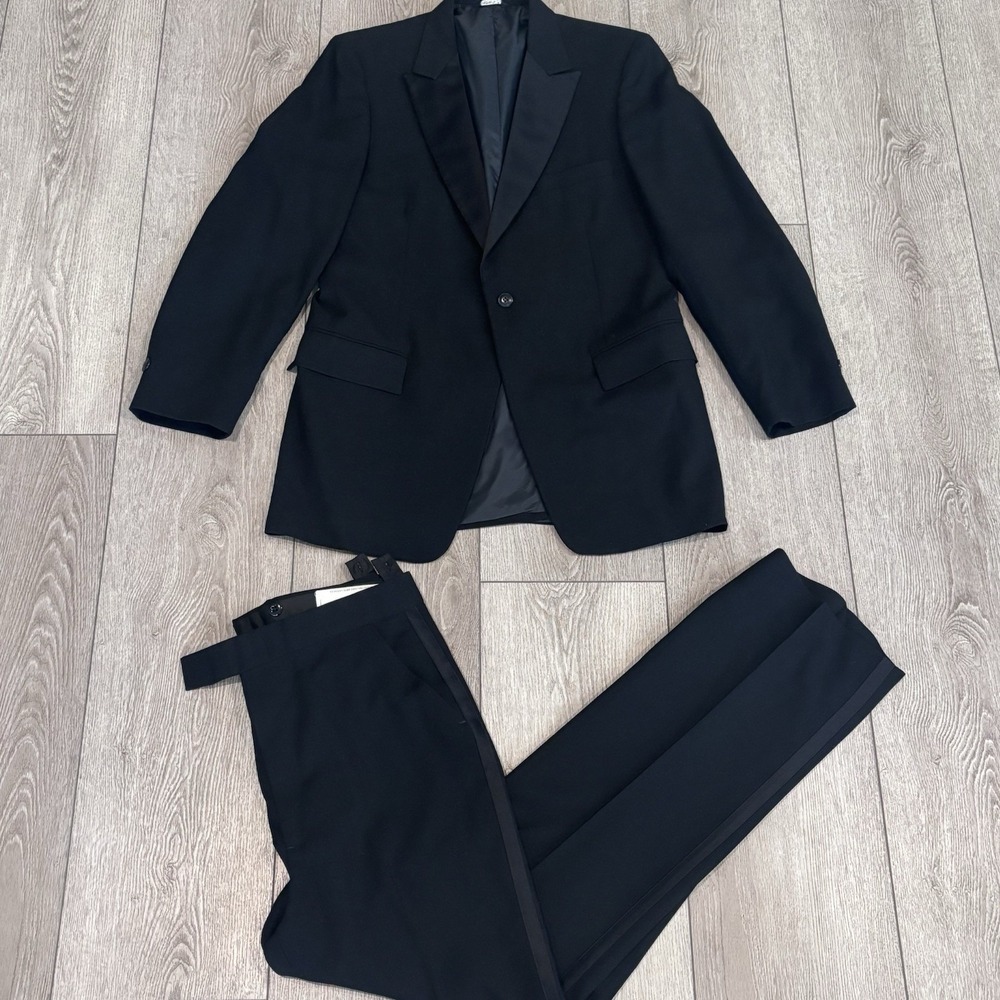 Vintage After Six Tuxedo Mens 41L Black 1 Button Peak Lapel Wool Pants 33L